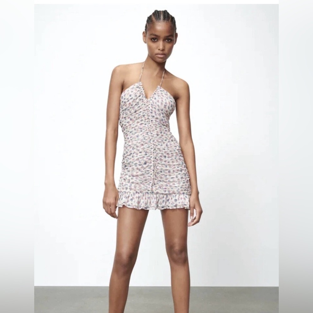 ZARA Metallic Thread Print Draped ruched halter back Floral Mini Dress- Large
